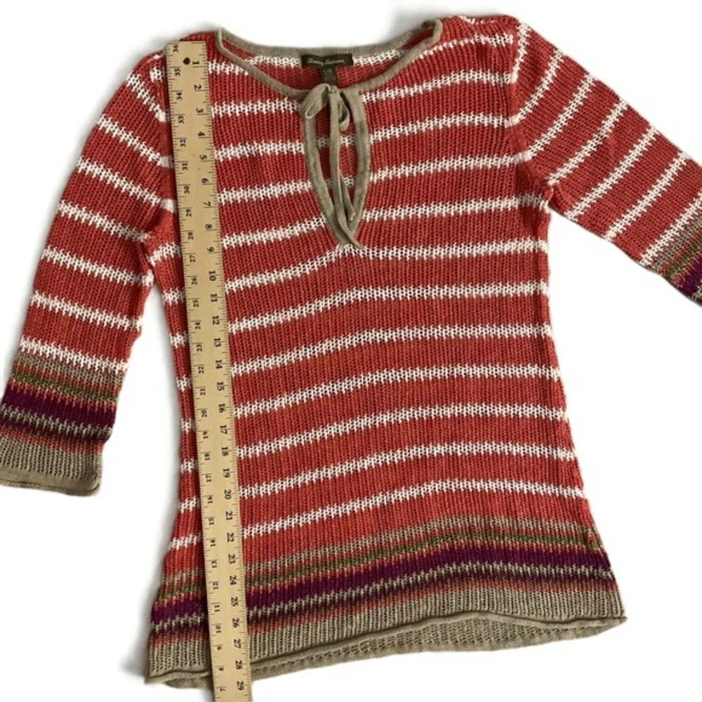 Tommy Bahama‎ Knit Sweater Women Large Orange Striped Tie Neck 3/4 Sleeve